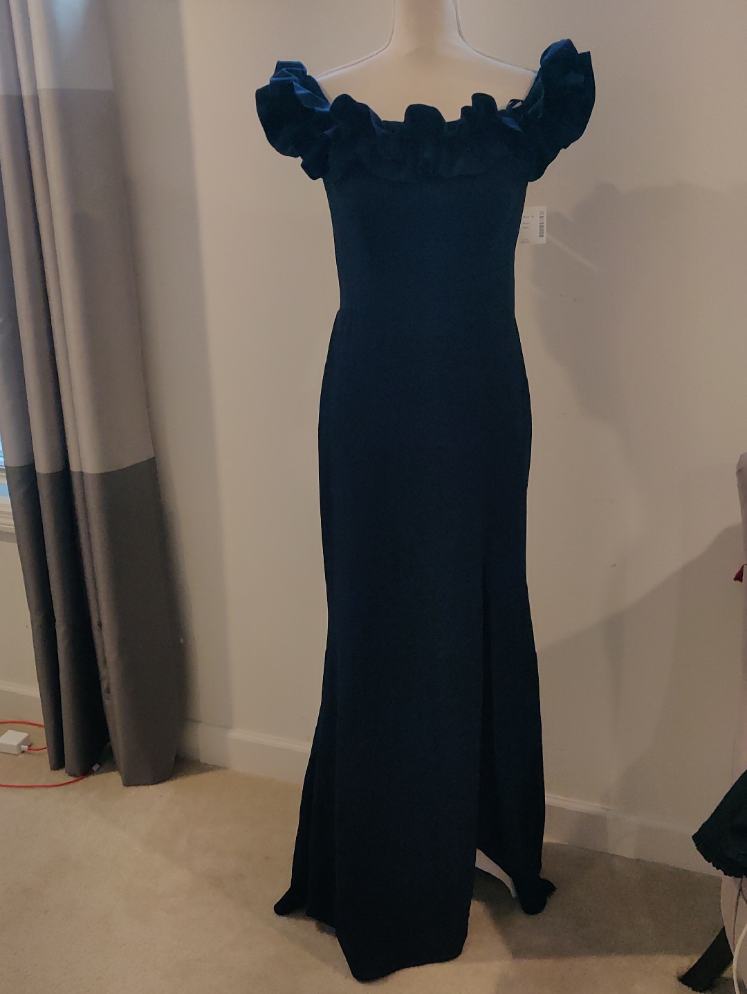 New!Xscape Ruffled Off-Shoulder Navy Evening Gown